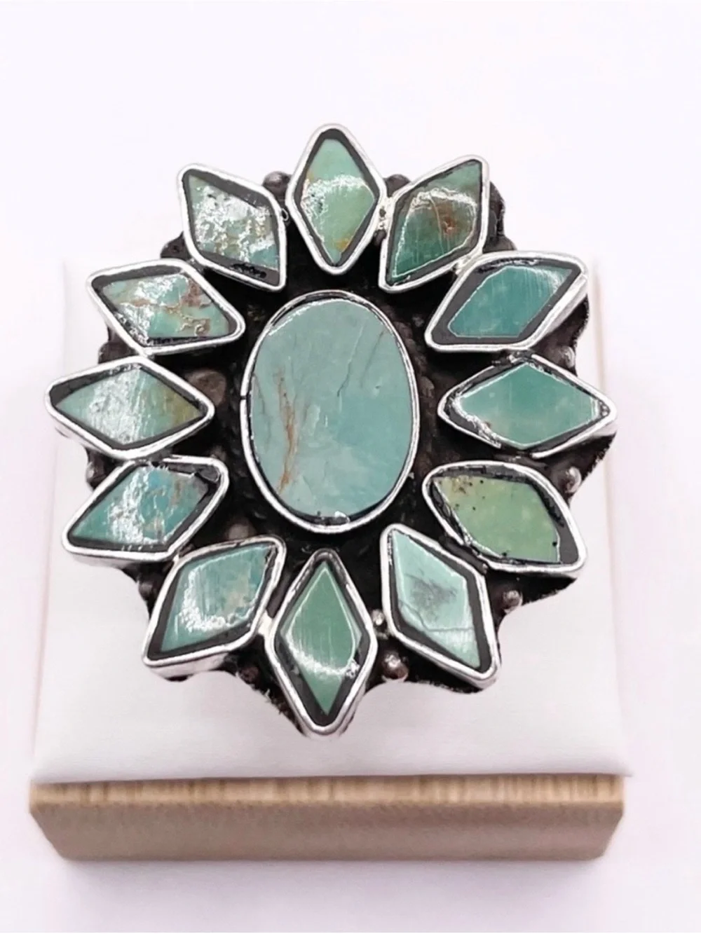 Size 7.5 Turquoise Sunburst statement Sterling Silver Ring